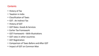 Contents
• History of Tax
• Taxation in India
• Classification of Taxes
• GST : An Indirect Tax
• History of GST
• GST Rates: Goods & Services
• Earlier Tax Framework
• GST Framework – With Illustrations
• GST rates in other countries
• GST Registration
• Comparison of Taxes Before and After GST
• Impact of GST on Common Man
 