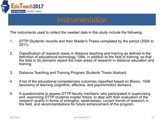 Instrumentation
The instruments used to collect the needed data in this study include the following:
1. DTTP Students' records and their Master's Thesis completed by the period (2004 to
2011).
2. Classification of research areas in distance teaching and training as defined in the
definition of educational technology 1994, in addition to the field of training; so that
the total is (6) domains repent the main areas of research in distance education and
training.
3. Distance Teaching and Training Program Students Thesis Abstract.
4. A list of the educational competencies outcomes classified based on Bloom, 1956
taxonomy of learning (cognitive, affective, and psychomotor) domains.
5. A questionnaire to assess DTTP faculty members’ who participated in supervising
and examining DTTP students master thesis, to deal with their evaluation of the
research quality in terms of strengths, weaknesses, current trends of research in
the field, and recommendations for future enhancement of the program.
8/1/2017 13EduTeach2017
 