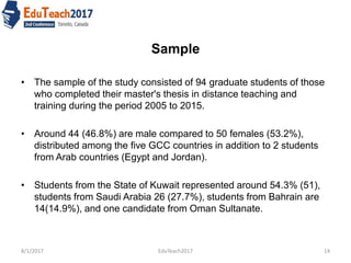 Sample
• The sample of the study consisted of 94 graduate students of those
who completed their master's thesis in distance teaching and
training during the period 2005 to 2015.
• Around 44 (46.8%) are male compared to 50 females (53.2%),
distributed among the five GCC countries in addition to 2 students
from Arab countries (Egypt and Jordan).
• Students from the State of Kuwait represented around 54.3% (51),
students from Saudi Arabia 26 (27.7%), students from Bahrain are
14(14.9%), and one candidate from Oman Sultanate.
8/1/2017 14EduTeach2017
 