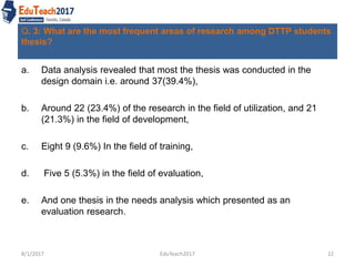 Q. 3: What are the most frequent areas of research among DTTP students
thesis?
a. Data analysis revealed that most the thesis was conducted in the
design domain i.e. around 37(39.4%),
b. Around 22 (23.4%) of the research in the field of utilization, and 21
(21.3%) in the field of development,
c. Eight 9 (9.6%) In the field of training,
d. Five 5 (5.3%) in the field of evaluation,
e. And one thesis in the needs analysis which presented as an
evaluation research.
8/1/2017 EduTeach2017 22
 