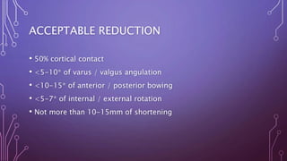 ACCEPTABLE REDUCTION
• 50% cortical contact
• <5-10* of varus / valgus angulation
• <10-15* of anterior / posterior bowing
• <5-7* of internal / external rotation
• Not more than 10-15mm of shortening
 