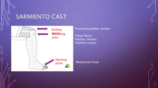 SARMIENTO CAST
Ending
point
Starting
point
Moulding
area
Proximal patellar tendon
Tibial flares
Patellar tendon
Poplitela space
Metatarsal head
 