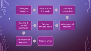 t
Diaphyseal
fractures
Initial POP for
2-4 weeks
Functional
casting done
Maintenance of
reduction
External
bridging callus
Loading &
Muscle
contration
Restoration of
vascularity
Fracture union
 