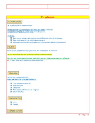 10 | P á g i n a
Pre eclampsia
 Hipertensiónenlaembarazada.
Para que existala pre eclampsiaque tiene que tener? Embarazo
CLAVEPRINCIPALDELDIAGNOSTICO: Tomade presión.
CUIDADO:
 Saberprimerocual era la presiónnormal de lapct, antesdel embarazo.
 Saberantecedentesde anteriores embarazos
 Siempre acuerdaque lamujergestante tienetendenciaahacerhipotensión
Es un Estado hipertensivoenlagestación.Porarribade las 20 semanas.
Obs. Se es diagnosticado antes de las 20 semanas, se considera hipertensiónsolamente.
QUE ES UNA PREECLAMPSIASOBRE IMPUESTA A UNESTADO HIPERTENSIVO CRÓNICO?
R= Ya tenía antesde su embarazouna hipertensión.
No hayuna causa establecida.
PERO HAY FACTORES PREDISPONENTES:
 Consumoexcesivode sal
 Sedentarismo
 Obesidad
 Antecedentesfamiliaresde 1rogrado
 Edad > 35 años
 LEVE:
 GRAVE:
GENERALIDADES
QUE ES
ETIOLOGIA
CLASIFICACIÓN
CUADRO CLINICO
 