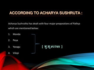 Acharya Sushrutha has dealt with four major preparations of Pathya
which are mentioned below:
1. Manda
2. Peya
3. Yavagu [...