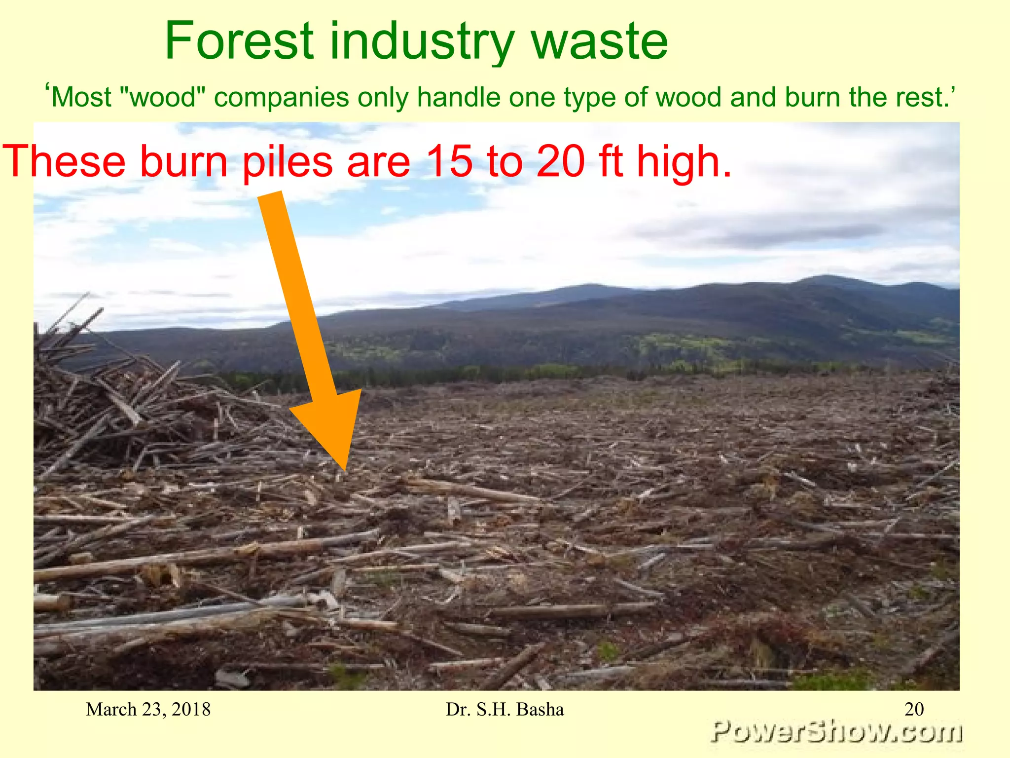 Forest industry waste
‘Most "wood" companies only handle one type of wood and burn the rest.’
These burn piles are 15 to 20 ft high.
March 23, 2018 20Dr. S.H. Basha
 