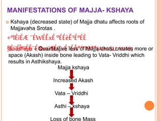 MANIFESTATIONS OF MAJJA- KSHAYA
 Kshaya (decreased state) of Majja dhatu affects roots of
Majjavaha Srotas .
+ºlÉïÉÆ ¨ÉWÉÊxÉºÉÉèÊ¹ÉªÉÈ
§É¨ÉÎºiÉÊ¨É®nü¶ÉÇxÉ¨ÉÂ**19**(A.H.SU.11/19)Saushirya – Quantitative loss of Majja dhatu creates more or
space (Akash) inside bone leading to Vata- Vriddhi which
results in Asthikshaya.
Majja kshaya
Increased Akash
Vata – Vriddhi
Asthi – kshaya
Loss of bone Mass
 