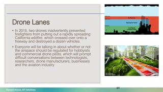 Naveed Anwar, AIT Solutions
Drone Lanes
• In 2015, two drones inadvertently prevented
firefighters from putting out a rapidly spreading
California wildfire, which crossed over onto a
freeway and destroyed a dozen vehicles.
• Everyone will be talking in about whether or not
the airspace should be regulated for hobbyists
and commercial drone pilots, which will prompt
difficult conversations between technologists,
researchers, drone manufacturers, businesses
and the aviation industry
40
 