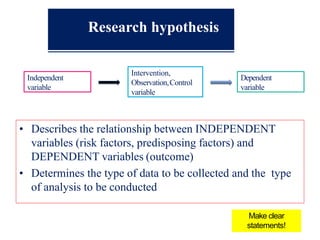 Research hypothesis
• Describes the relationship between INDEPENDENT
variables (risk factors, predisposing factors) and
DEPENDENT variables (outcome)
• Determines the type of data to be collected and the type
of analysis to be conducted
Independent
variable
Dependent
variable
Intervention,
Observation,Control
variable
Make clear
statements!
 