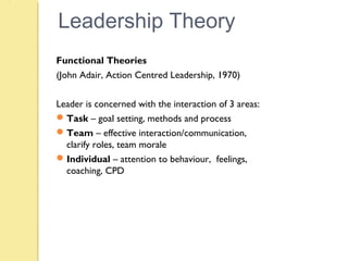 Leadership Theory
Functional Theories
(John Adair, Action Centred Leadership, 1970)
Leader is concerned with the interaction of 3 areas:
Task – goal setting, methods and process
Team – effective interaction/communication,
clarify roles, team morale
Individual – attention to behaviour, feelings,
coaching, CPD
 