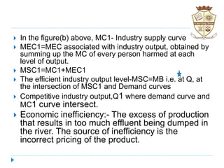 In the figure(b) above, MC1- Industry supply curve
 MEC1=MEC associated with industry output, obtained by
summing up the MC of every person harmed at each
level of output.
 MSC1=MC1+MEC1
 The efficient industry output level-MSC=MB i.e. at Q, at
the intersection of MSC1 and Demand curves
 Competitive industry output,Q1 where demand curve and
MC1 curve intersect.
 Economic inefficiency:- The excess of production
that results in too much effluent being dumped in
the river. The source of inefficiency is the
incorrect pricing of the product.
 