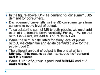  In the figure above, D1-The demand for consumer1, D2-
demand for consumer2.
 Each demand curve tells us the MB consumer gets from
consuming every level of output.
 To calculate the sum of MB to both people, we must add
each of the demand curve vertically. For e.g., When the
output is 2 units, we add MB of Rs.15+Rs.40.
 When the sum is calculated for every level of public
output, we obtain the aggregate demand curve for the
public good D.
 The efficient amount of output is the one at which
MB=MC. This occurs at the intersection of demand
and MC curves
 When 1 unit of output is produced MB>MC and at 3
units MB<MC
 