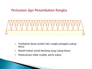 Tambahan berat sendiri dari rangka pengaku cukup
besar
Relatif mahal untuk bentang yang cukup besar
Pelaksanaan tidak mudah, perlu waktu
 