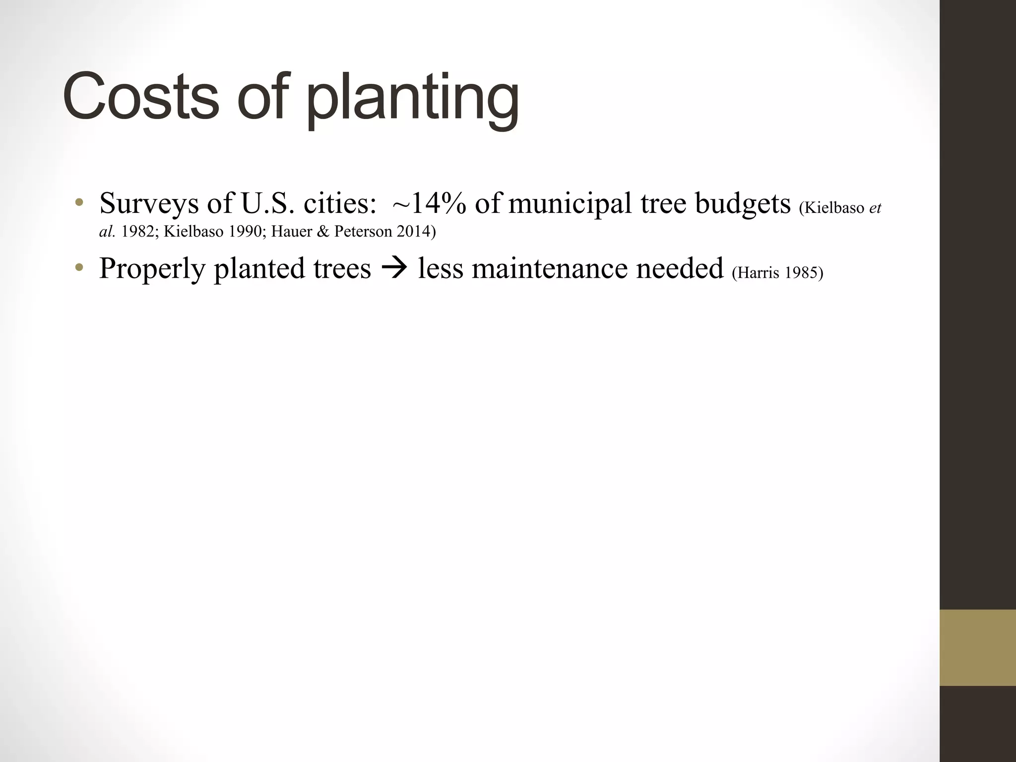 Costs of planting
• Surveys of U.S. cities: ~14% of municipal tree budgets (Kielbaso et
al. 1982; Kielbaso 1990; Hauer & Peterson 2014)
• Properly planted trees  less maintenance needed (Harris 1985)
 
