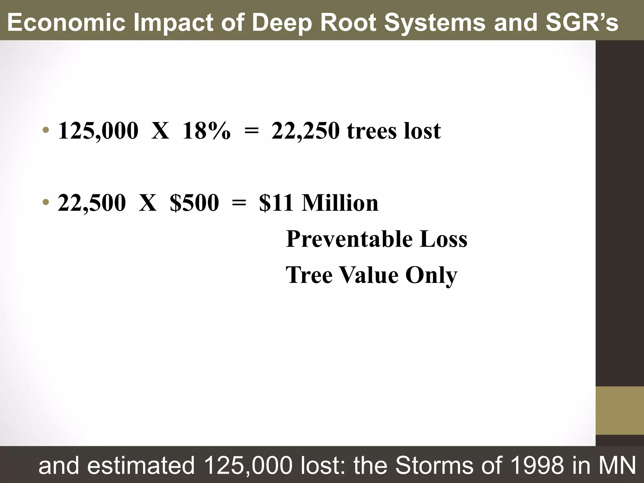 • 125,000 X 18% = 22,250 trees lost
• 22,500 X $500 = $11 Million
Preventable Loss
Tree Value Only
Economic Impact of Deep Root Systems and SGR’s
and estimated 125,000 lost: the Storms of 1998 in MN
 