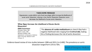 The absence of a wide mediastinum on chest X-Ray had a
negative likelihood ratio ranging from 0.14 to 0.60, making
this a finding decreases the risk of aortic dissection
Evidence-based review of nine studies between 1986 and 2013, [n=2,400]. The prevalence or aortic
dissection ranged form 21% to 76%.
2018
 