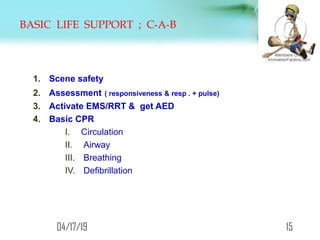 BASIC LIFE SUPPORT ; C-A-B
1. Scene safety
2. Assessment ( responsiveness & resp . + pulse)
3. Activate EMS/RRT & get AED
4. Basic CPR
I. Circulation
II. Airway
III. Breathing
IV. Defibrillation
1504/17/19
 