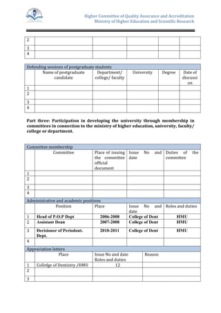 Higher Committee of Quality Assurance and Accreditation
Ministry of Higher Education and Scientific Research
2
3
4
Defending sessions of postgraduate students
Name of postgraduate
candidate
Department/
college/ faculty
University Degree Date of
discussi
on
1
2
3
4
Part three: Participation in developing the university through membership in
committees in connection to the ministry of higher education, university, faculty/
college or department.
Committee membership
Committee Place of issuing
the committee
official
document
Issue No and
date
Duties of the
committee
1
2
3
4
Administrative and academic positions
Position Place Issue No and
date
Roles and duties
1 Head of P.O.P Dept 2006-2008 College of Dent HMU
2 Assistant Dean 2007-2008 College of Dent HMU
3 Decisionor of Periodont.
Dept.
2010-2011 College of Dent HMU
4
Appreciation letters
Place Issue No and date
Roles and duties
Reason
1 Collefge of Dentistry /HMU 12
2
3
 
