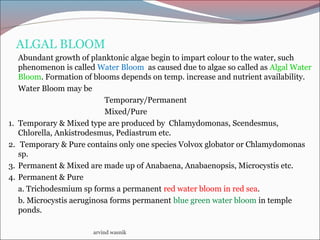 ALGAL BLOOM
Abundant growth of planktonic algae begin to impart colour to the water, such
phenomenon is called Water Bloom as caused due to algae so called as Algal Water
Bloom. Formation of blooms depends on temp. increase and nutrient availability.
Water Bloom may be
Temporary/Permanent
Mixed/Pure
1. Temporary & Mixed type are produced by Chlamydomonas, Scendesmus,
Chlorella, Ankistrodesmus, Pediastrum etc.
2. Temporary & Pure contains only one species Volvox globator or Chlamydomonas
sp.
3. Permanent & Mixed are made up of Anabaena, Anabaenopsis, Microcystis etc.
4. Permanent & Pure
a. Trichodesmium sp forms a permanent red water bloom in red sea.
b. Microcystis aeruginosa forms permanent blue green water bloom in temple
ponds.
arvind wasnik
 