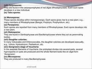 arvind wasnik
(viii) Carpospores:
They are found in the carposporophytes of red algae (Rhodophyceae). Each such spore
develops in a new individual.
(ix) Tetra spores:
(x) Monospores:
These spores develop within monosporangia. Each spore gives rise to a new plant, e.g.,
many members of Rhodophyceae (Bangia, Porphyra, Porphyridium, etc).
(xi) Paraspores:
Such spores are reported from many members of Rhodophyceae. Each spore develops into
a new plant.
(xii) Statospores:
They are found in Xanthophyceae and Bacillariophyceae where they act as perennating
bodies.
(xiii) Daughter colonies:
In many Volvocales and Chlorococcales, the daughter colonies are developed asexually,
e.g., Volvox, Hydrodictyon, Pediastrum, etc.
(xiv) Gongrosira stage of Vaucheria:
In the aseptate filaments of Vaucheria, the protoplast divides into several parts, several
hypnospores or cysts are produced and the whole filament looks like an algal form
‘Gongrosira’.
(xv) Microspores:
They are produced in many Bacillariophyceae.
 