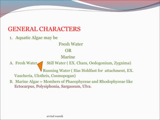 GENERAL CHARACTERS
1. Aquatic Algae may be
Fresh Water
OR
Marine
A. Fresh Water Still Water ( EX. Chara, Oedogonium, Zygnima)
Running Water ( Has Holdfast for attachment, EX.
Vaucheria, Ulothrix, Cosmopogan)
B. Marine Algae = Members of Phaeophyceae and Rhodophyceae like
Ectocarpus, Polysiphonia, Sargassum, Ulva.
arvind wasnik
 