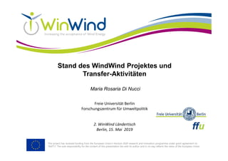 This project has received funding from the European Union’s Horizon 2020 research and innovation programme under grant agreement no
764717. The sole responsibility for the content of this presentation lies with its author and in no way reflects the views of the European Union.
Stand des WindWind Projektes und
Transfer-Aktivitäten
Maria Rosaria Di Nucci
Freie Universität Berlin
Forschungszentrum für Umweltpolitik
2. WinWind Ländertisch
Berlin, 15. Mai 2019
 