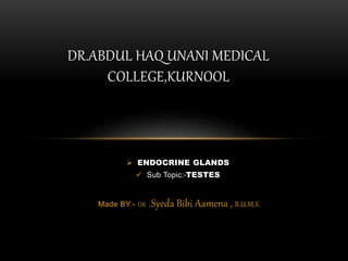  ENDOCRINE GLANDS
 Sub Topic:-TESTES
Made BY:- DR .Syeda Bibi Aamena , B.U.M.S.
DR.ABDUL HAQ UNANI MEDICAL
COLLEGE,KURNOOL
 