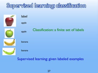 Supervised learning: classification
Supervised learning: given labeled examples
label
apple
apple
banana
banana
Classification: a finite set of labels
27
 