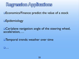 Regression Applications
❑Economics/Finance: predict the value of a stock
❑Epidemiology
❑Car/plane navigation: angle of the steering wheel,
acceleration, …
❑Temporal trends: weather over time
❑…
33
 