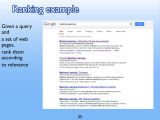 Ranking example
Given a query
and
a set of web
pages,
rank them
according
to relevance
35
 