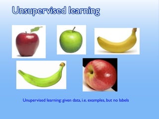 Unsupervised learning
Unupervised learning: given data, i.e. examples, but no labels
 