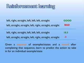 Reinforcement learning
left, right, straight, left, left, left, straight
left, straight, straight, left, right, straight, straight
GOOD
BAD
left, right, straight, left, left, left, straight
left, straight, straight, left, right, straight, straight
18.5
-3
Given a sequence of examples/states and a reward after
completing that sequence, learn to predict the action to take
in for an individual example/state
 