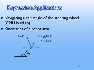 73
Regression Applications
 Navigating a car:Angle of the steering wheel
(CMU NavLab)
 Kinematics of a robot arm
α1= g1(x,y)
α2= g2(x,y)
α1
α2
(x,y)
 