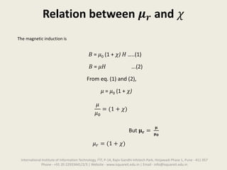 Relation between 𝝁 𝒓 and 𝜒
The magnetic induction is
𝐵 = 𝜇0 (1 + 𝜒) 𝐻 …..(1)
𝐵 = 𝜇𝐻 ...(2)
From eq. (1) and (2),
𝜇 = 𝜇0 (1 + 𝜒)
𝜇
𝜇0
= (1 + 𝜒)
But 𝛍 𝐫 =
𝛍
𝛍 𝟎
𝜇 𝑟 = (1 + 𝜒)
International Institute of Information Technology, I²IT, P-14, Rajiv Gandhi Infotech Park, Hinjawadi Phase 1, Pune - 411 057
Phone - +91 20 22933441/2/3 | Website - www.isquareit.edu.in | Email - info@isquareit.edu.in
 