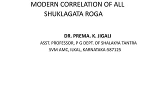 MODERN CORRELATION OF ALL
SHUKLAGATA ROGA
DR. PREMA. K. JIGALI
ASST. PROFESSOR, P G DEPT. OF SHALAKYA TANTRA
SVM AMC, ILKAL, KARNATAKA-587125
 