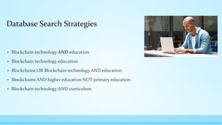 Database Search Strategies
• Blockchain technology AND education
• Blockchain technology education
• Blockchains OR Blockchain technology AND education
• Blockchains AND higher education NOT primary education
• Blockchain technology AND curriculum
 