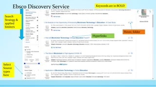 Ebsco Discovery Service
Select
Source
types
here
Keywords are in BOLD
Search
Strategy &
applied
limiters
Hyperlinks
Hover, folder
 