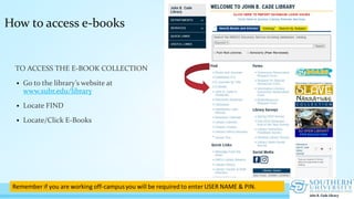 How to access e-books
TO ACCESS THE E-BOOK COLLECTION
 Go to the library’s website at
www.subr.edu/library
 Locate FIND
 Locate/Click E-Books
 