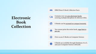 Electronic
Book
Collection
EBSCOhost E-Book Collection Facts
Contains over 200,000 electronic books
covering multiple disciplines & reference titles.
E-Books can be accessed on campus/remotely.
You cannot print the entire book, page limit is
pre-set.
Over 10,000 E-Books on Computer Science.
E-Books are available through Databases A to Z,
and your Computer Science LibGuide.
 