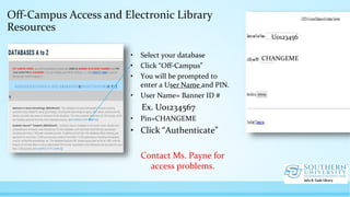 Off-Campus Access and Electronic Library
Resources
• Select your database
• Click “Off-Campus”
• You will be prompted to
enter a User Name and PIN.
• User Name= Banner ID #
Ex. U01234567
• Pin=CHANGEME
• Click “Authenticate”
Contact Ms. Payne for
access problems.
U0123456
CHANGEME
 