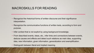 MACROSKILLS FOR READING
• Recognize the rhetorical forms of written discourse and their significance
interpretation.
• Recognize the communicative functions of written texts, according to form and
purpose.
• Infer context that is not explicit by using background knowledge.
• From described events, ideas, etc., infer links and connections between events,
deduce causes and effects and detect such relations as main idea, supporting
idea, new information, given information, generalization and exemplification.
• Distinguish between literal and implied meaning.
 