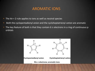 AROMATIC IONS
• The 4n + 2 rule applies to ions as well as neutral species
• Both the cyclopentadienyl anion and the cycloheptatrienyl cation are aromatic
• The key feature of both is that they contain 6  electrons in a ring of continuous p
orbitals
 