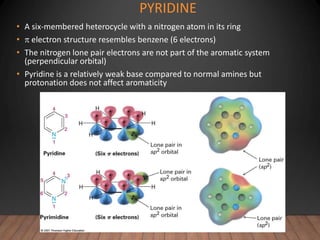 PYRIDINE
• A six-membered heterocycle with a nitrogen atom in its ring
•  electron structure resembles benzene (6 electrons)
• The nitrogen lone pair electrons are not part of the aromatic system
(perpendicular orbital)
• Pyridine is a relatively weak base compared to normal amines but
protonation does not affect aromaticity
 