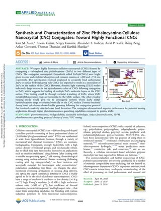 Synthesis and Characterization of Zinc Phthalocyanine-Cellulose
Nanocrystal (CNC) Conjugates: Toward Highly Functional CNCs
Kazi M. Alam,* Pawan Kumar, Sergey Gusarov, Alexander E. Kobryn, Aarat P. Kalra, Sheng Zeng,
Ankur Goswami, Thomas Thundat, and Karthik Shankar*
Cite This: ACS Appl. Mater. Interfaces 2020, 12, 43992−44006 Read Online
ACCESS Metrics & More Article Recommendations *
sı Supporting Information
ABSTRACT: We report highly ﬂuorescent cellulose nanocrystals (CNCs) formed by
conjugating a carboxylated zinc phthalocyanine (ZnPc) to two diﬀerent types of
CNCs. The conjugated nanocrystals (henceforth called ZnPc@CNCs) were bright
green in color and exhibited absorption and emission maxima at ∼690 and ∼715 nm,
respectively. The esteriﬁcation protocol employed to covalently bind carboxylated
ZnPc to surface hydroxyl group rich CNCs was expected to result in a monolayer of
ZnPc on the surface of the CNCs. However, dynamic light scattering (DLS) studies
indicated a large increase in the hydrodynamic radius of CNCs following conjugation
to ZnPc, which suggests the binding of multiple ZnPc molecular layers on the CNC
surface. This binding could be through co-facial π-stacking of ZnPc, where ZnPc
metallophthalocyanine rings are horizontal to the CNC surface. The other possible
binding mode would give rise to conjugated systems where ZnPc metal-
lophthalocyanine rings are oriented vertically on the CNC surface. Density functional
theory based calculations showed stable geometry following the conjugation protocol
that involved covalently attached ester bond formation. The conjugates demonstrated superior performance for potential sensing
applications through higher photoluminescence quenching capabilities compared to pristine ZnPc.
KEYWORDS: photoluminescence, biodegradability, sustainable technologies, surface functionalization, KPFM,
photoluminescence quenching, projected density of states, VOC sensing
1. INTRODUCTION
Cellulose nanocrystals (CNCs) are ∼100 nm-long rod-shaped
crystalline particles consisting of linear polymerized chains of
(1,4)-linked β-D-glucopyranosyl units.1
CNCs are synthesized
at scale from lignocellulosic biomass through a variety of
mechanical and chemical treatments.2
CNCs are nontoxic,
biodegradable, transparent, strongly hydrophilic with a high
surface density of hydroxyl groups, and mechanically robust,
due to which they have been used as themselves in applications
such as emulsion stabilizers,3
drug delivery (after coating with
a suitable encapsulating agent),4
pH sensing, chemobiological
sensing using surface-enhanced Raman scattering (following
coating with Ag nanoparticles),5
as host matrices and
waveguide materials for luminescent solar concentrators,6
polarization modulating thin ﬁlms,7
etc. Despite the afore-
mentioned promising applications in sensing, drug delivery,
and optics, the largest commercial potential of CNCs is widely
agreed to lie in the ﬁeld of polymer nanocomposites. CNCs
have a range of mechanical attributes − low density (∼1.6 g
cm−2
), high Young’s modulus (∼10 GPa), high surface-to-
volume ratio (>500 m2
g−1
), low coeﬃcient of thermal
expansion, piezoelectric response,8
and high aspect ratio − that
make them compelling candidates for blending with various
industrial polymers to form functional nanocomposites.
Indeed, nanocomposites of CNCs with a myriad of polymers,
e.g., polyethylene, polypropylene, polyacrylamide, polyur-
ethane, polyvinyl alcohol, polyvinyl acetate, polylactic acid,
polydimethylsiloxane, polyacrylonitrile, PEDOT:PSS, etc.,
have been demonstrated with the purpose of using them in
reinforced epoxies,9,10
reinforced construction and packaging
materials,11,12
microelectromechanical strain sensors,13
stim-
ulus-responsive hydrogels,14−16
water puriﬁcation mem-
branes,17
conductive inks and substrates,18
and so on.
Recently, a cellulose microcrystal-based solid-state polymer
electrolyte has been reported for lithium-ion batteries.19
The commercialization and further engineering of CNC-
polymer nanocomposites are severely constrained by a number
of materials compatibility issues including, but not limited to,
inhomogeneous dispersion of CNCs in polymer matrices, weak
CNC−matrix interactions, inadequate understanding of the
eﬀect of processing on ﬁnal performance, and unusual and
Received: April 19, 2020
Accepted: June 12, 2020
Published: June 12, 2020
Research Article
www.acsami.org
© 2020 American Chemical Society
43992
https://dx.doi.org/10.1021/acsami.0c07179
ACS Appl. Mater. Interfaces 2020, 12, 43992−44006
Downloaded
via
UNIV
OF
CALGARY
on
March
10,
2021
at
08:58:07
(UTC).
See
https://pubs.acs.org/sharingguidelines
for
options
on
how
to
legitimately
share
published
articles.
 