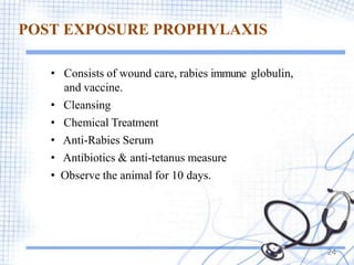 POST EXPOSURE PROPHYLAXIS
• Consists of wound care, rabies immune globulin,
and vaccine.
• Cleansing
• Chemical Treatment
• Anti-Rabies Serum
• Antibiotics & anti-tetanus measure
• Observe the animal for 10 days.
24
 