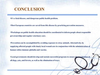 37
CONCLUSION
•It's a fatal disease, and dangerous public health problem.
•Most European countries are saved from this disease by practicing prevention measures.
•Workshops on public health education should be coordinated to inform people about responsible
pet ownership and regular veterinary care.
•Prevention can be accomplished by avoiding exposure to stray animals. Alternatively, by
supplying affected people with timely local wound care in conjunction with the administration of
human rabies immune globulin and vaccine.
•Local governments should develop and sustain successful programs to ensure the vaccination of
all dogs, cats, and ferrets, as well as the elimination of trays.
 