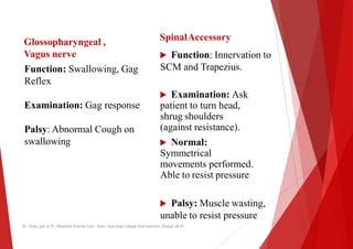 Spinal
 Function
SCM and
Function: Swallowing, Gag
Reflex
Glossopharyngeal ,
Vagus nerve
 Examination:
patient
shrug
(against
 Normal:
Symmetrical
movements
Reflex
Examination: Gag response
Palsy: Abnormal Cough on
swallowing
movements
Able
 Palsy:
unable
Dr. Shalu jain @ Pt. Khushilal Sharma Govt. Auto. Ayurveda College And institute, Bhopal (M.P)
SpinalAccessory
Function: Innervation to
SCM and Trapezius.
Examination: Ask
patient to turn head,
shrug shoulders
(against resistance).
Normal:
Symmetrical
movements performed.
movements performed.
Able to resist pressure
Palsy: Muscle wasting,
unable to resist pressure
Dr. Shalu jain @ Pt. Khushilal Sharma Govt. Auto. Ayurveda College And institute, Bhopal (M.P)
 