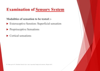 Modalities of sensation to be tested :
 Exteroceptive Senstion /Superficial sensation
 Exteroceptive Senstion /Superfici...