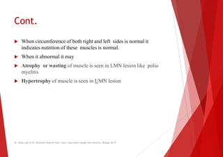 Cont.
 When circumference of both right and left
indicates nutrition of these muscles is normal.
 When it abnormal it may
 Atrophy or wasting of muscle is seen in LMN
myelitis
 Hypertrophy of muscle is seen in UMN lesion
Dr. Shalu jain @ Pt. Khushilal Sharma Govt. Auto. Ayurveda College And institute, Bhopal (M.P)
When circumference of both right and left sides is normal it
normal.
LMN lesion like polio
lesion
Dr. Shalu jain @ Pt. Khushilal Sharma Govt. Auto. Ayurveda College And institute, Bhopal (M.P)
 