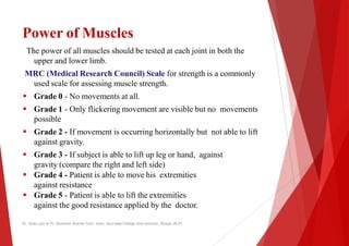Power of Muscles
The power of all muscles should be tested at each joint in both the
upper and lower limb.
MRC (Medical Research Council) Scale for strength is a commonly
used scale for assessing muscle strength.
used scale for assessing muscle strength.
 Grade 0 - No movements at all.
 Grade 1 - Only flickering movement are visible but no movements
possible
 Grade 2 - If movement is occurring horizontally but not
against gravity.
 Grade 3 - If subject is able to lift up leg or hand,
gravity (compare the right and left side)
gravity (compare the right and left side)
 Grade 4 - Patient is able to move his extremities
against resistance
 Grade 5 - Patient is able to lift the extremities
against the good resistance applied by the
Dr. Shalu jain @ Pt. Khushilal Sharma Govt. Auto. Ayurveda College And institute, Bhopal (M.P)
The power of all muscles should be tested at each joint in both the
for strength is a commonly
visible but no movements
If movement is occurring horizontally but not able to lift
to lift up leg or hand, against
his extremities
extremities
the doctor.
Dr. Shalu jain @ Pt. Khushilal Sharma Govt. Auto. Ayurveda College And institute, Bhopal (M.P)
 